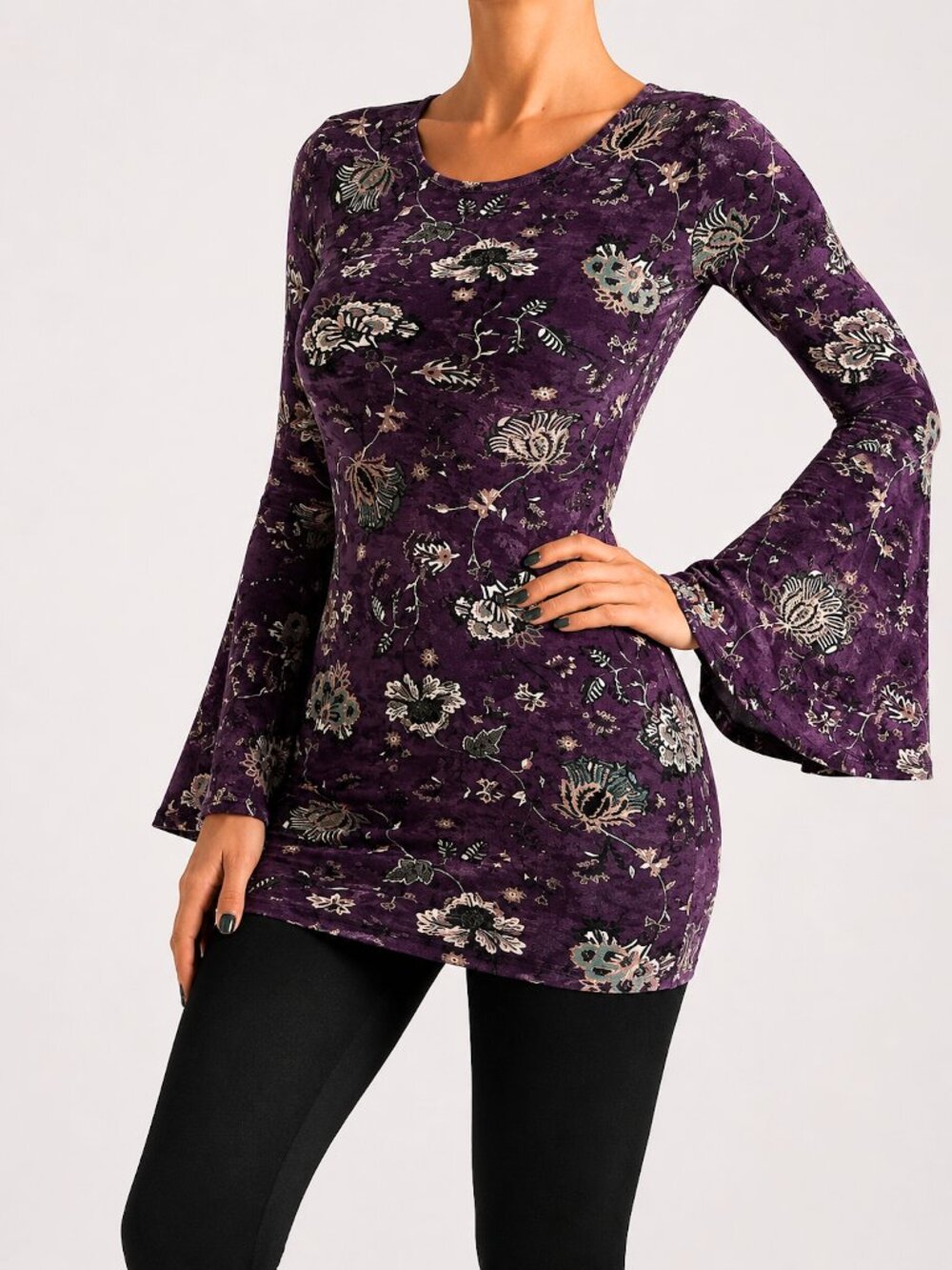 Charlotte Russe Purple Floral Velvet Bell Sleeve Boho Mini Dress Size Small
